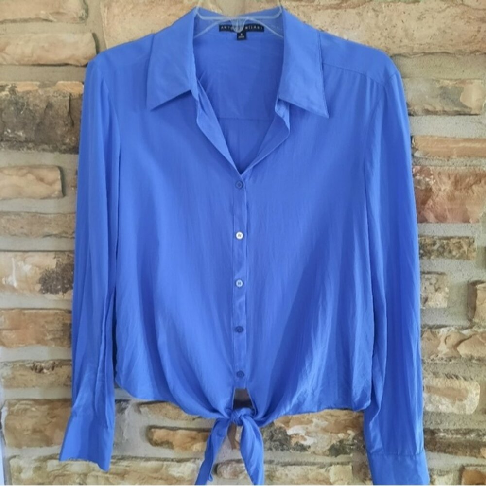 100% Silk Royal Blue Dress Shirt Button Down Cropped Tie at Waist Women's Small
